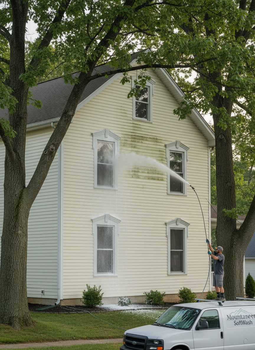 A realistic photographic scene of a soft washing service being performed on a light-colored, two-story house with delicate siding and decorative trim in a quiet Wheeling, WV neighborhood. A gentle, low-pressure nozzle sprays a wide, foamy solution across a previously streaked, algae-stained upper wall, revealing a bright, undamaged surface underneath. The camera is placed at a slightly elevated angle, capturing roofline, siding, and surrounding leafy trees. Soft, diffused morning light gives the scene an even, flattering glow, with minimal harsh shadows. The atmosphere is calm, meticulous, and reassuring, highlighting the safe, non-damaging nature of soft washing compared to high-pressure cleaning. Fine details in the siding texture and subtle reflections in nearby windows reinforce a premium, professional exterior cleaning service.