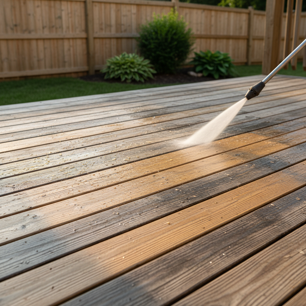 A highly detailed, realistic photograph of a weathered wooden deck beside a small, well-kept backyard in Wheeling, WV, undergoing gentle cleaning. The image focuses on the planks where soft washing and controlled lower-pressure cleaning reveal the warm natural wood beneath gray, sun-faded, and mildew-stained boards. Shot from a slightly elevated angle with sharp focus on the wood grain, individual water droplets cling to the newly cleaned boards, catching warm late-afternoon light. The background, including a privacy fence and a few green shrubs, is softly blurred. The mood is restorative and professional, emphasizing careful technique that preserves the wood rather than blasting it. The composition is clean and modern, ideal for showcasing deck and outdoor living space cleaning services.