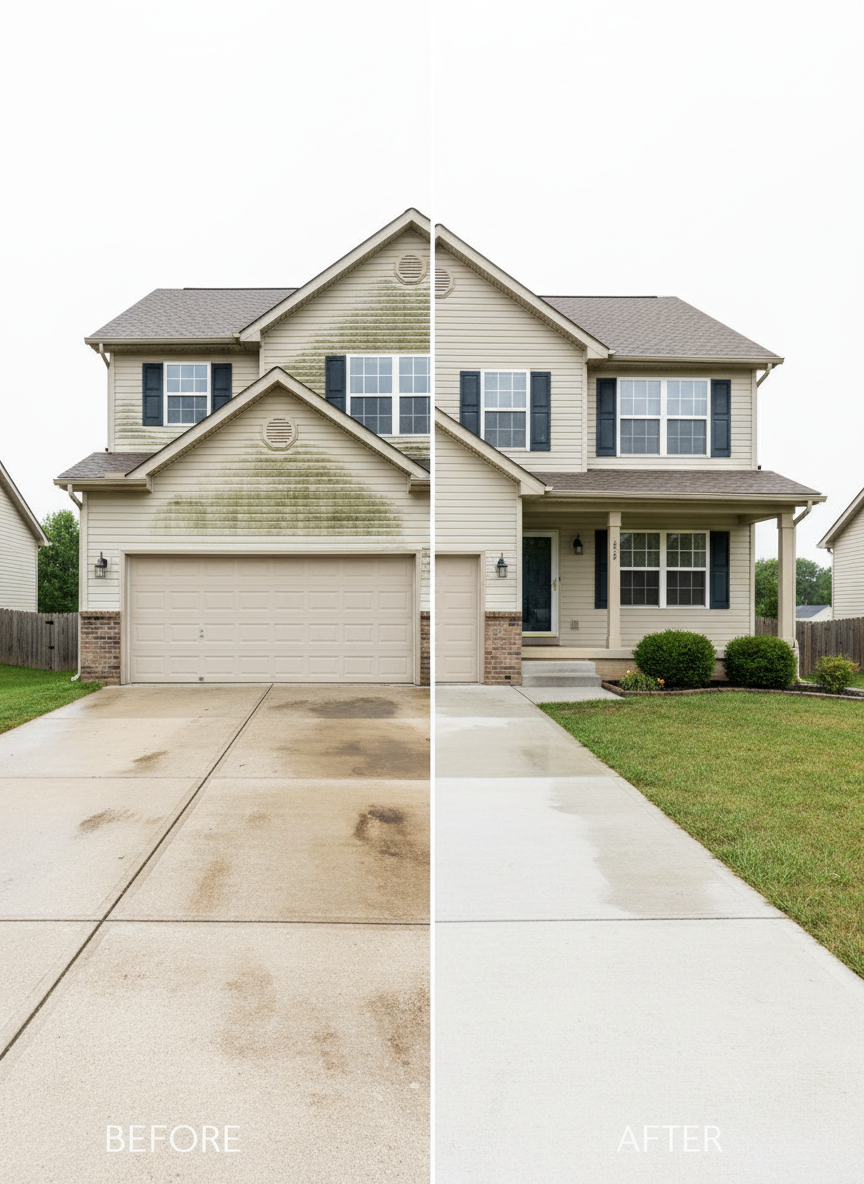 A dramatic photographic realism scene showing a large, two-story suburban home in Wheeling, WV, with a striking split-screen before-and-after effect of professional pressure washing. On the left, the vinyl siding, concrete driveway, and front steps appear dingy with dark mildew streaks and ground-in dirt. On the right, the same surfaces are bright, clean, and restored to their original color, with crisp edges and subtle water sheen. Captured at eye level in bright but slightly overcast daylight for even lighting, gentle reflections shimmer on damp surfaces. The composition is wide, with the house centered and the transition line between dirty and clean clearly visible, creating a bold, professional, results-focused mood suitable for a homepage hero image.