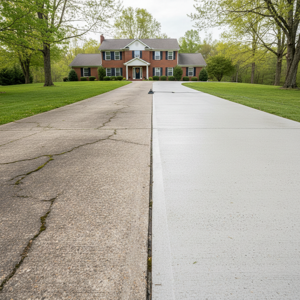 A photographic realism image of a long concrete driveway leading to a single-family home on a gentle hillside outside Wheeling, WV, captured in a dramatic before-and-after diagonal composition. The lower left portion of the driveway is dark, blotchy, and streaked with oil stains, moss, and dirt. As the eye travels toward the upper right, the surface transitions into a bright, uniform, freshly pressure-washed finish with subtle reflective sheen. Midday sun filtered through thin clouds casts soft, even light, enhancing fine surface details without harsh shadows. The camera is positioned low to the ground, creating strong leading lines drawing the viewer toward the house. The atmosphere is crisp, orderly, and professional, visually communicating transformative driveway and walkway cleaning results.