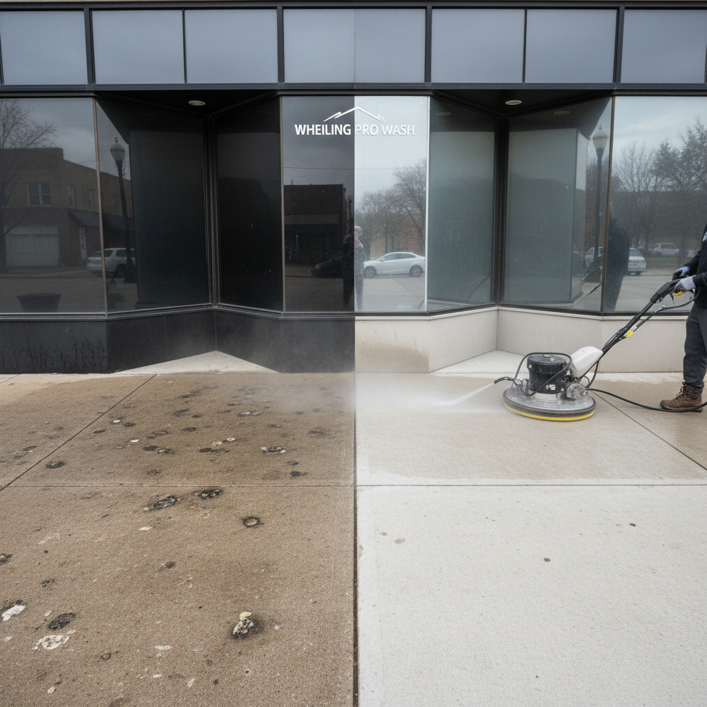 An eye-level, wide photographic shot of a commercial storefront in downtown Wheeling, WV, featuring large glass windows, metal frames, and a concrete sidewalk undergoing professional pressure washing. The left half of the sidewalk and lower façade is darkened by years of grime and chewing gum stains, while the right half gleams noticeably brighter and cleaner, showcasing a clear before-and-after effect. Water sprays in controlled arcs from a professional-grade surface cleaner, creating fine mist and subtle reflections on the freshly washed concrete. Overcast midday lighting provides even illumination without harsh glare on the glass. The composition follows the rule of thirds, with the storefront framed to convey an organized, capable, business-focused mood, ideal for illustrating commercial pressure washing services.