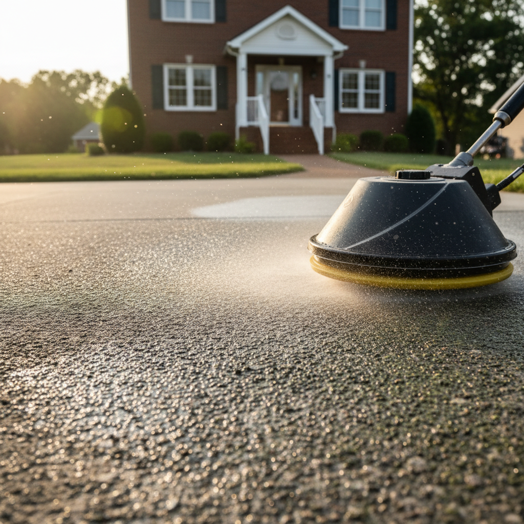 A close-up, ultra-detailed photographic image of a professional pressure washing wand cleaning a heavily stained concrete driveway in front of a modest brick home in Wheeling, WV. The circular surface cleaner attachment glides across the pavement, leaving a sharply defined clean path through dark grime and algae. Tiny droplets of water spray outward, catching soft afternoon light and creating sparkling highlights. The camera is positioned at a low, three-quarter angle, emphasizing texture in the concrete and the dramatic contrast between dirty and freshly washed sections. Background elements, like the brick steps and a neatly trimmed lawn, are softly blurred, keeping focus on the cleaning action. The mood is dynamic, precise, and highly professional, with crisp, realistic detail and a clean, modern aesthetic.
